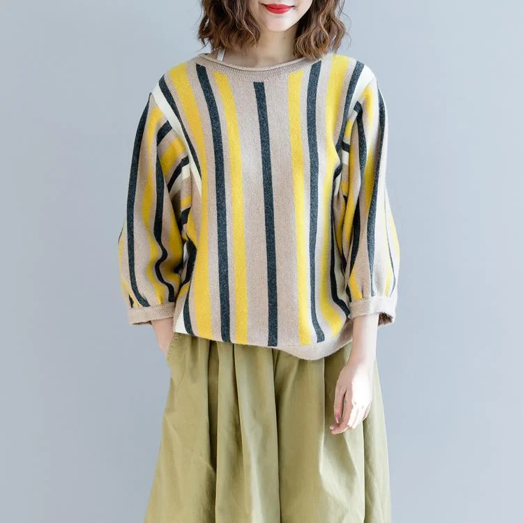 Women's Casual Shirts -vintage yellow striped  knit sweaters plus size clothing o neck knitted blouses top quality bracelet sleeved winter t shirt