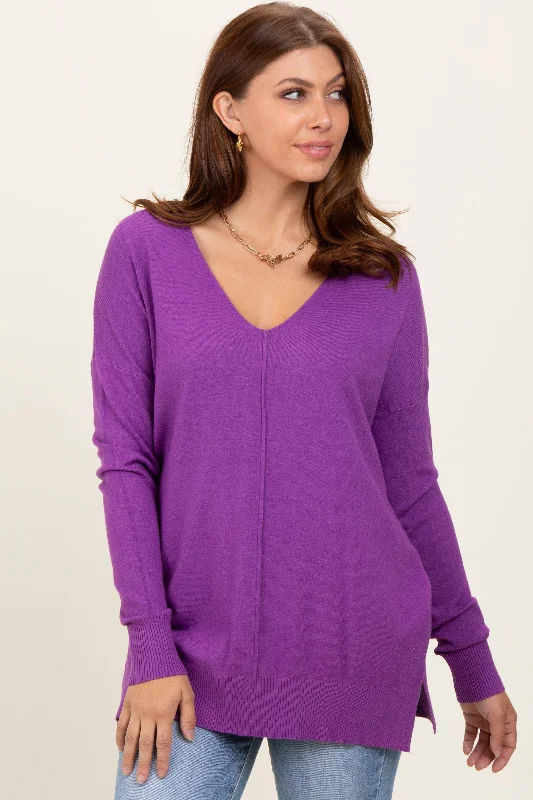 Women's Sweater for Bold Patterns-Violet Front Seam V-Neck Side Slit Sweater