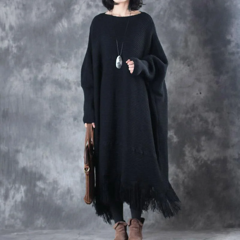 Women's Elegant Wool Pullover Sweater for Day or Night-Warm Black Knit Dresses Trendy Plus Size Tassel Sweater Fine O-Neck Pullover
