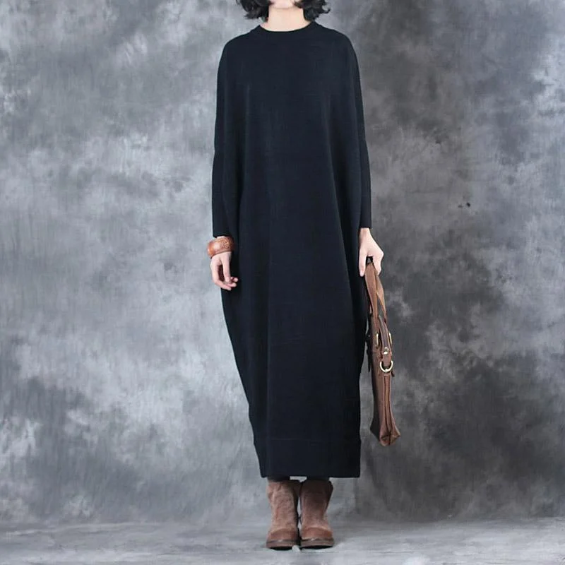 Women's Loose Knit Pullover Sweater with Side Slits-Warm Black Sweater Dresses Batwing Sleeve Trendy Plus Size O Neck Fall Dresses Elegant Pullover