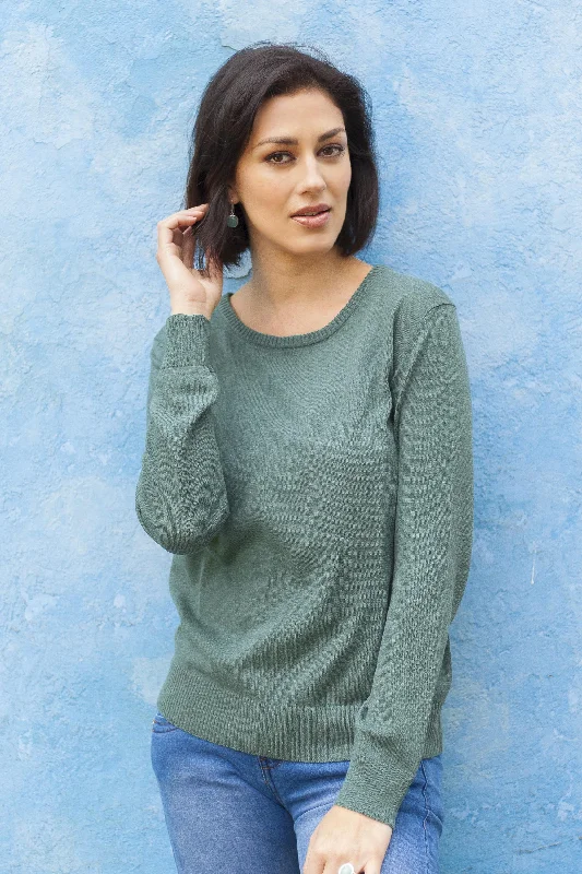 Women's Pullovers Sweater for Casual Outings-Warm Valley in Viridian Knit Cotton Blend Pullover in Viridian from Peru Women's Pullovers Sweater for Casual Outings-Warm Valley in Viridian Knit Cotton Blend Pullover in Viridian from Peru