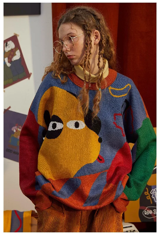 Women's Knit Sweater with Bright Colors -Weirdcore Dog Sweater