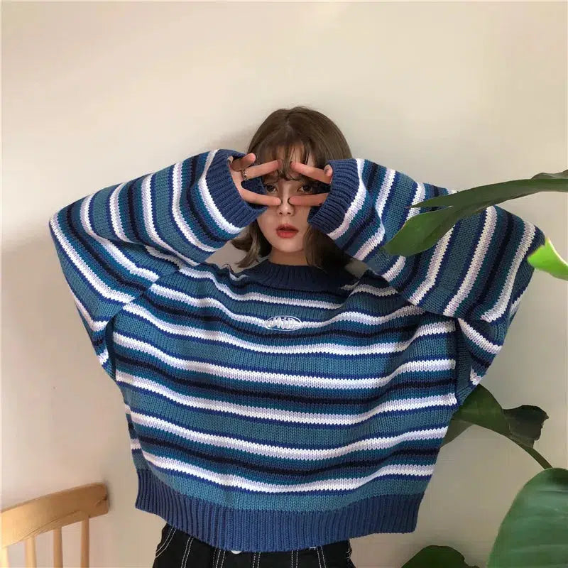 Women's Knit Sweater for Every Season -Wide Sleeved Striped Knitted Sweater