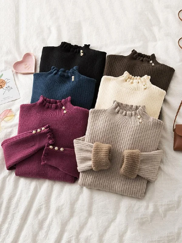 Women's Sweater for Snow Days-Winter Ruffled Mock Neck Sweaters