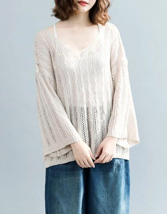 Women's White Shirts -women beige  sweater Loose fitting v neck knitted blouses 2018 hollow out fall blouse