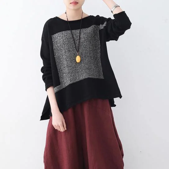 Women's Loose Blouses -women black  knit sweaters fall fashion patchwork  sweaters New o neck fall blouse
