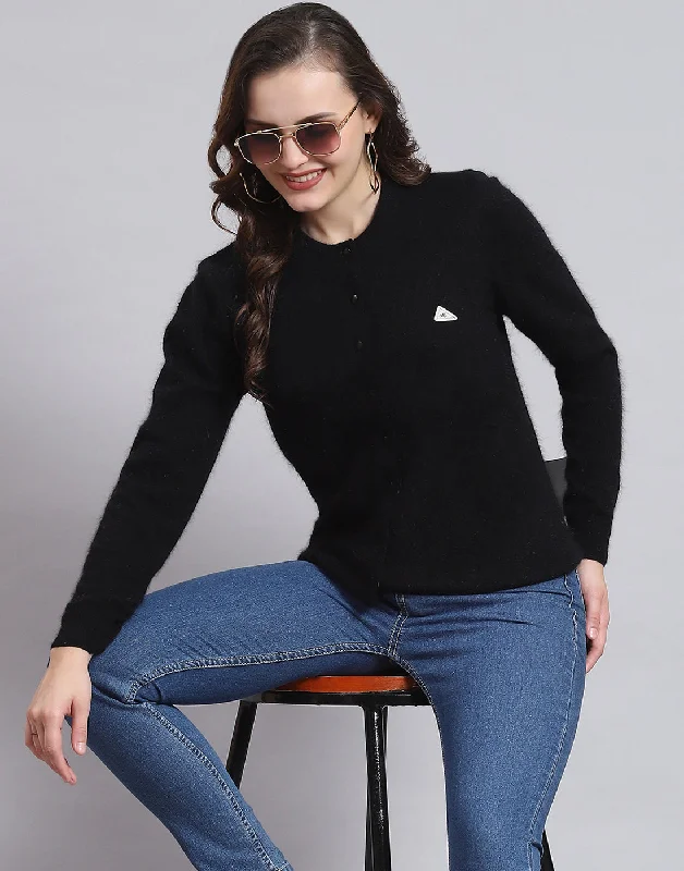 Women's Sweater with Pretty Embellishments-Women Black Solid Round Neck Full Sleeve Sweater Women's Sweater with Pretty Embellishments-Women Black Solid Round Neck Full Sleeve Sweater