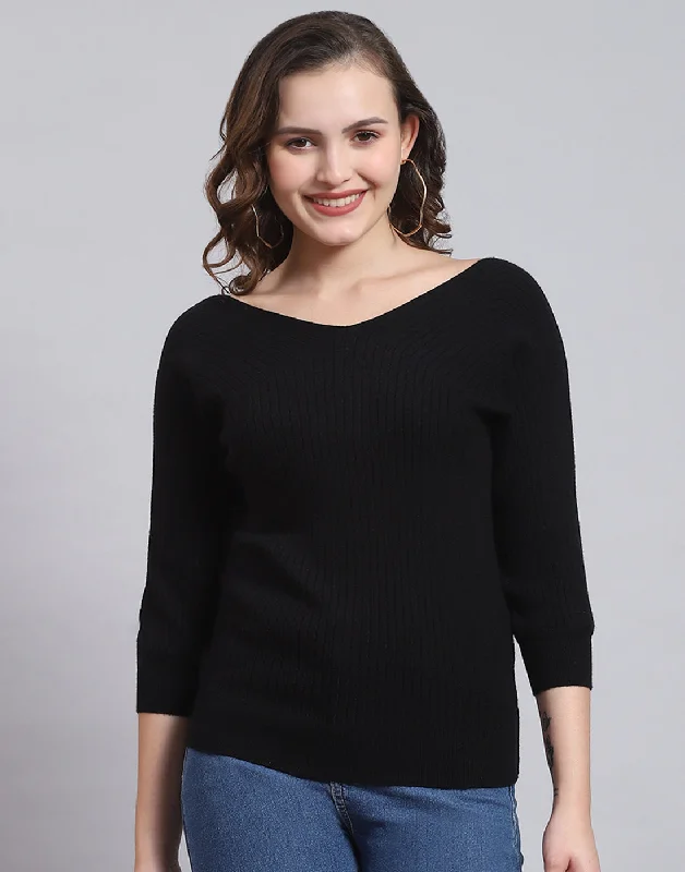 Women's Sweater with Contrast Collar-Women Black Solid V Neck 3/4 Sleeve Sweater