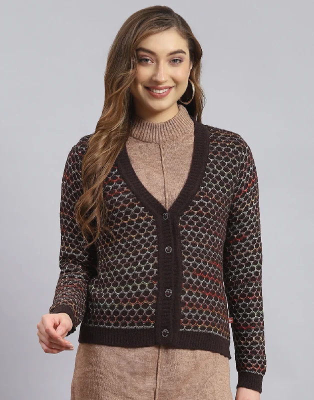 Women's Sweater with Light Weight Knit-Women Brown Self Design V Neck Full Sleeve Sweater Women's Sweater with Light Weight Knit-Women Brown Self Design V Neck Full Sleeve Sweater