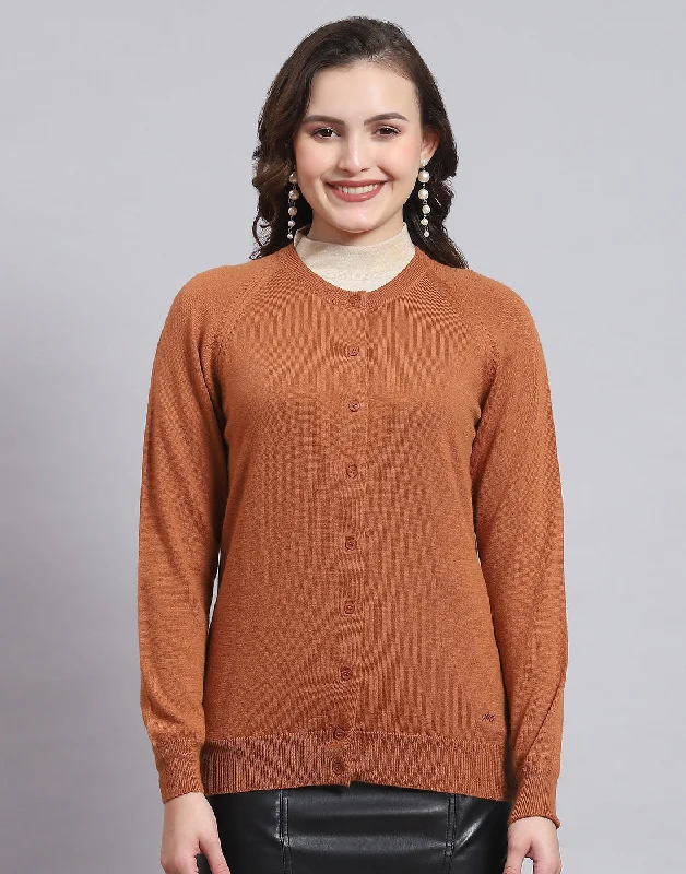 Women's Sweater with Unique Patterns-Women Brown Solid Round Neck Full Sleeve Sweater Women's Sweater with Unique Patterns-Women Brown Solid Round Neck Full Sleeve Sweater
