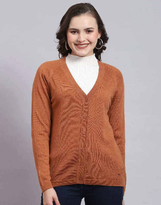 Women's Sweater with Decorative Pockets-Women Brown Solid V Neck Full Sleeve Sweater Women's Sweater with Decorative Pockets-Women Brown Solid V Neck Full Sleeve Sweater