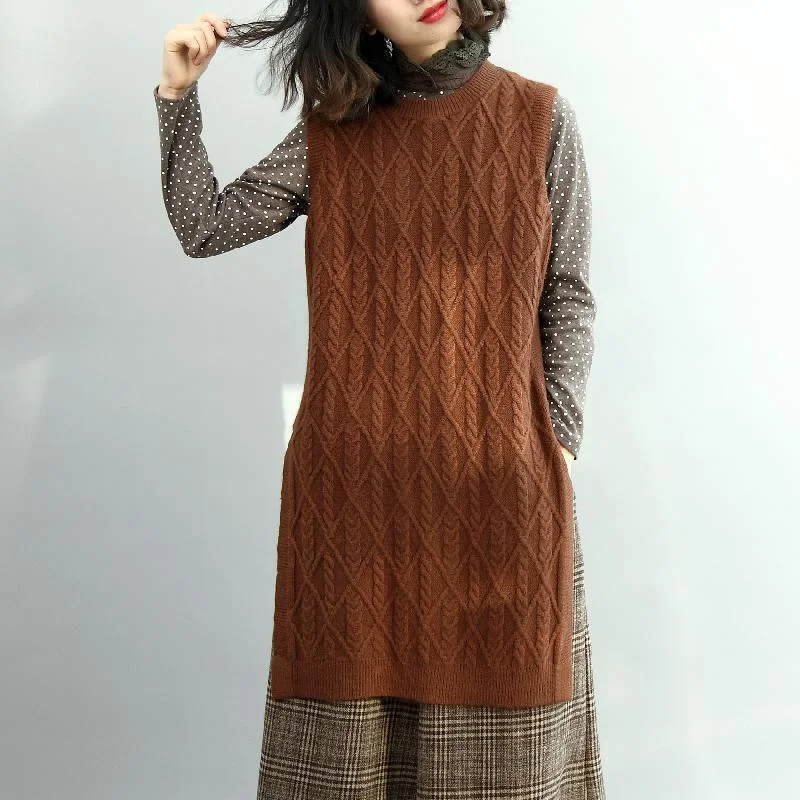 Women's Work Blouses -women chocolate knit tops trendy plus size side open knit sweat tops vintage cable sleeveless blouse