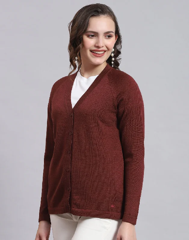 Women's Sweater for Comfortable Days-Women Maroon Solid V Neck Full Sleeve Sweater