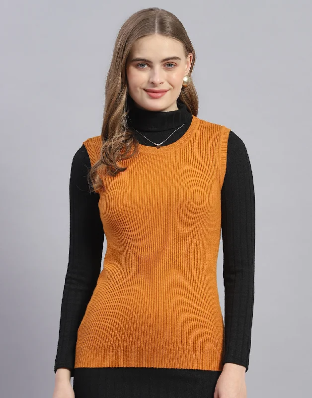 Women's Sweater for Layering Over Dresses-Women Mustard Solid Round Neck Sleeveless Sweater