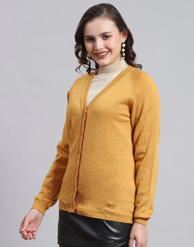 Women's Sweater with Eye-catching Collar-Women Mustard Solid V Neck Full Sleeve Sweater