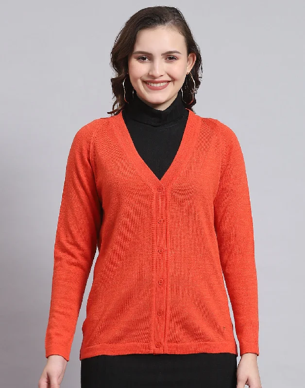 Women's Sweater with Long Knit Collar-Women Orange Solid V Neck Full Sleeve Sweater