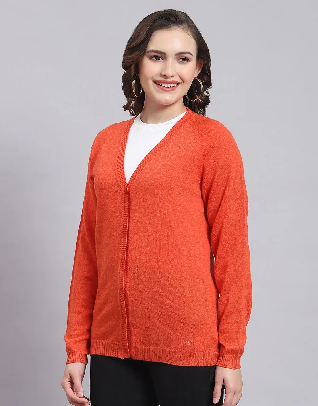 Women's Sweater with Folded Cuffs-Women Orange Solid V Neck Full Sleeve Sweater