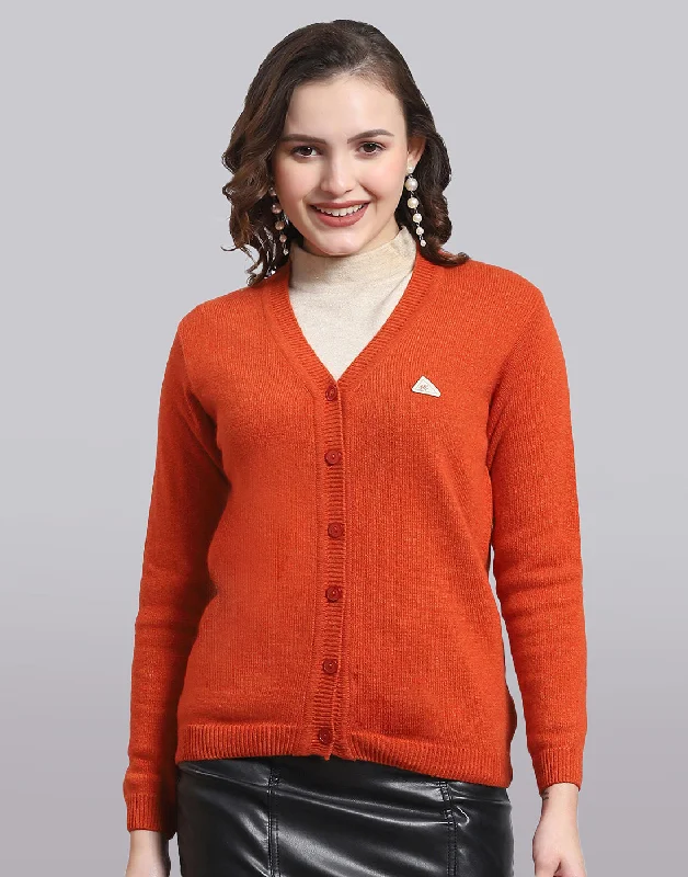 Women's Sweater for Comfortable Wear-Women Orange Solid V Neck Full Sleeve Sweater