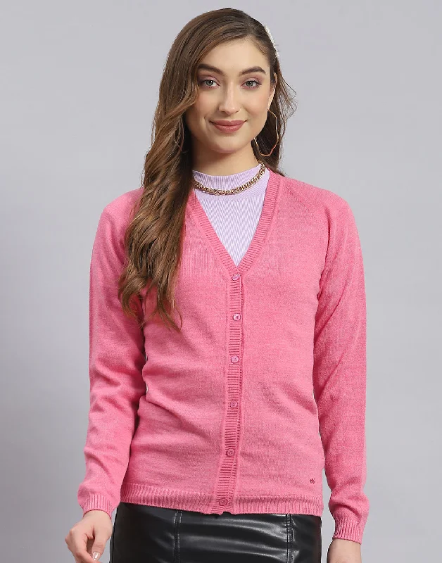 Women's Sweater with Sweetheart Neck-Women Pink Solid V Neck Full Sleeve Sweater