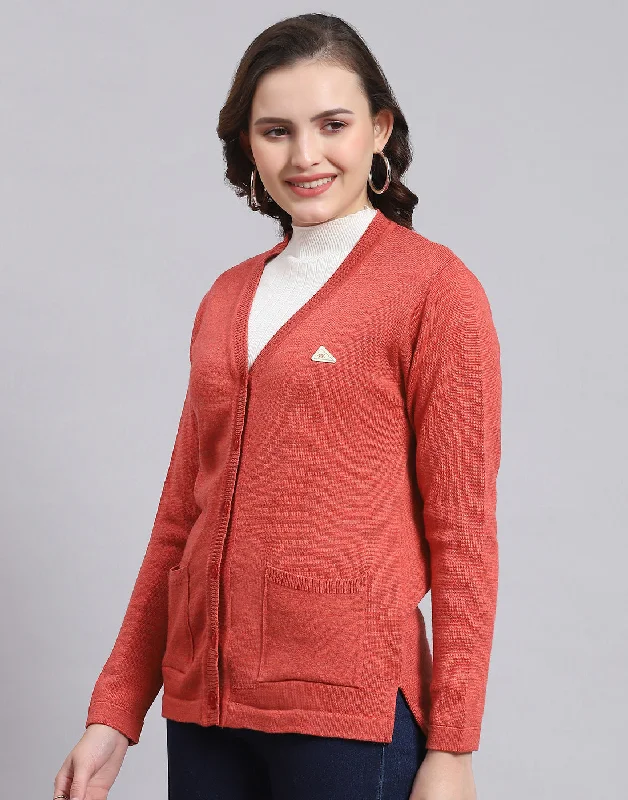Women's Sweater for Sophisticated Style-Women Pink Solid V Neck Full Sleeve Sweater
