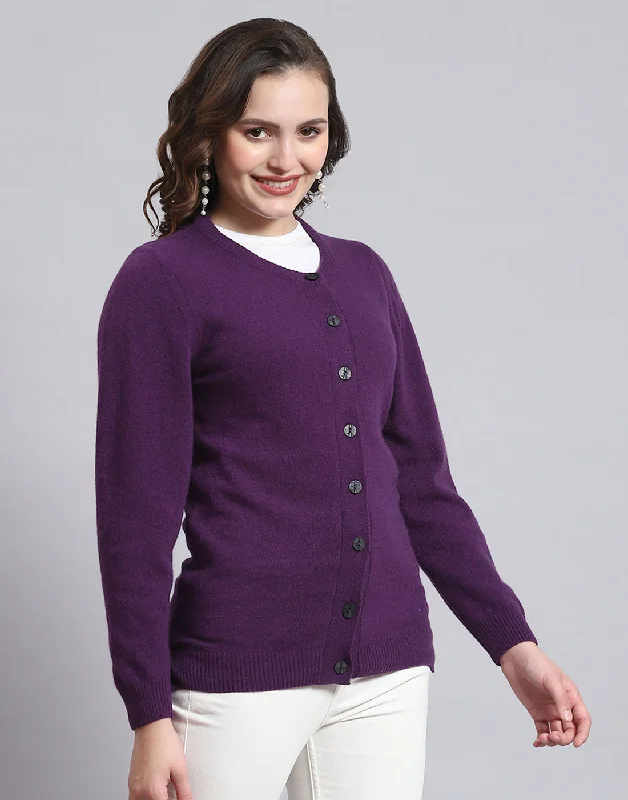 Women's Sweater with Deep V-neck-Women Purple Solid Round Neck Full Sleeve Sweater