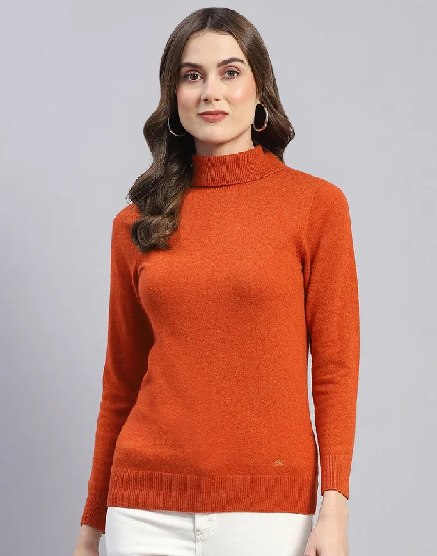 Women's Sweater with Knit Waist-Women Rust Solid H Neck Full Sleeve Sweater