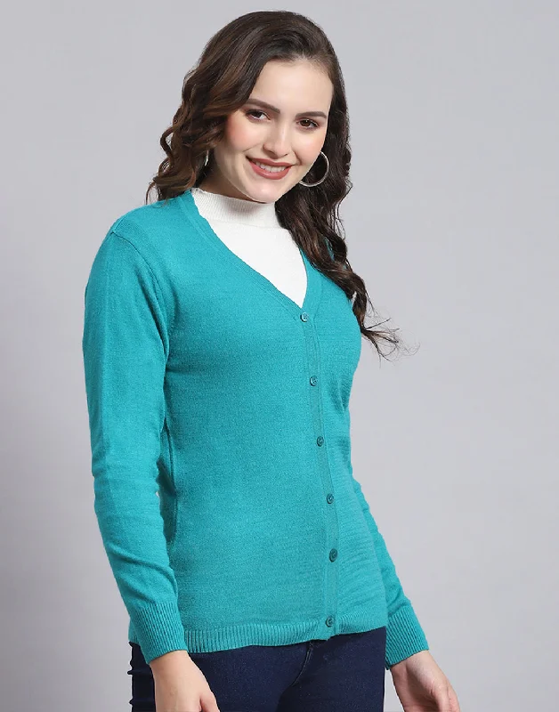 Women's Sweater for Holiday Shopping-Women Turquoise Blue Solid V Neck Full Sleeve Sweater Women's Sweater for Holiday Shopping-Women Turquoise Blue Solid V Neck Full Sleeve Sweater