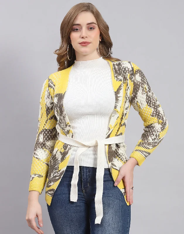 Women's Sweater with Cable Detail-Women Yellow Self Design V Neck Full Sleeve Cardigan Women's Sweater with Cable Detail-Women Yellow Self Design V Neck Full Sleeve Cardigan