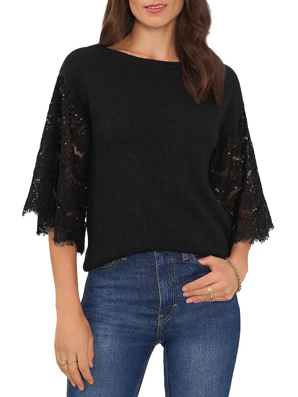 Women's Stylish Knit Pullover Sweater for Layering-Womens Boat Neck Lace Trim Pullover Sweater Women's Stylish Knit Pullover Sweater for Layering-Womens Boat Neck Lace Trim Pullover Sweater