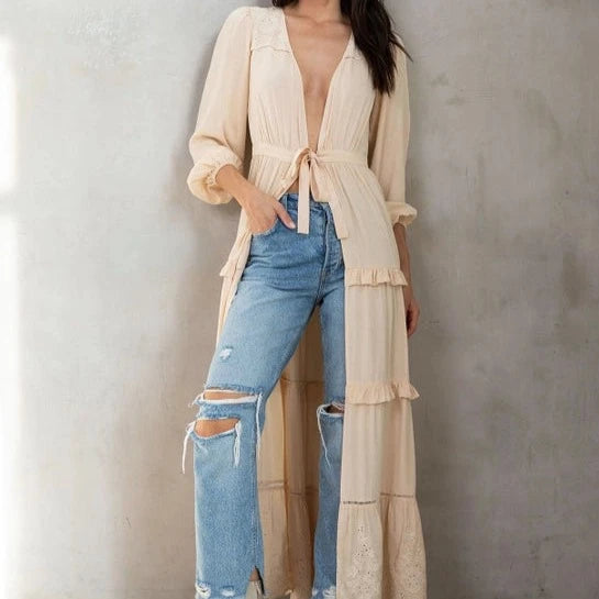 Women's Sweater for Trendy Office Wear-Women's Vintage Embroidered Ruffled Maxi Kimono in Natural