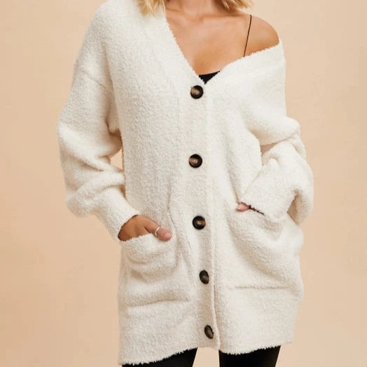 Women's Cardigans Sweater with Cable Stitch-Women's Button Front Chenille Cardigan in Cream Women's Cardigans Sweater with Cable Stitch-Women's Button Front Chenille Cardigan in Cream