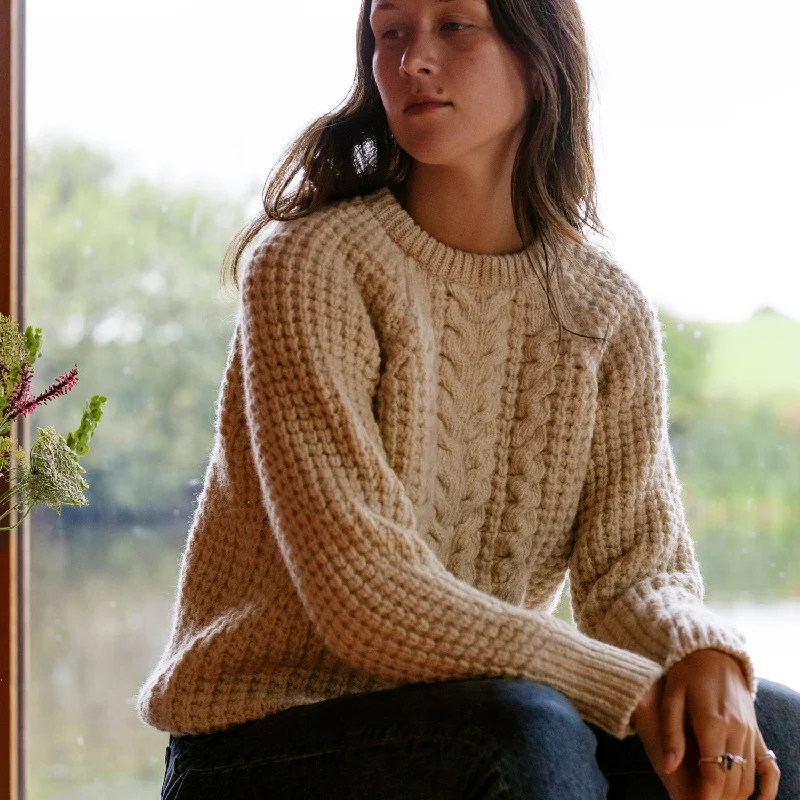 Women's Sweater with Rounded Hem-Women's Cable Donegal Wool Sweater