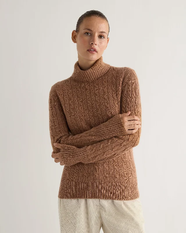 Women's Sweater for Everyday Elegance-Women's Adelyn Cable Turtle Cashmere Sweater Dark Camel Brown