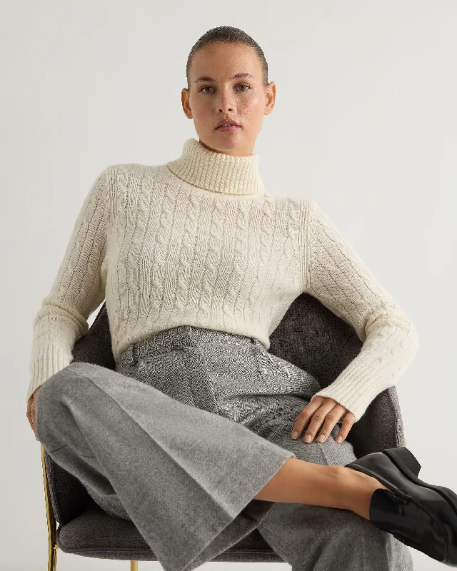 Women's Sweater with Slight Stretch-Women's Adelyn Cable Turtle Cashmere Sweater New Ivory White