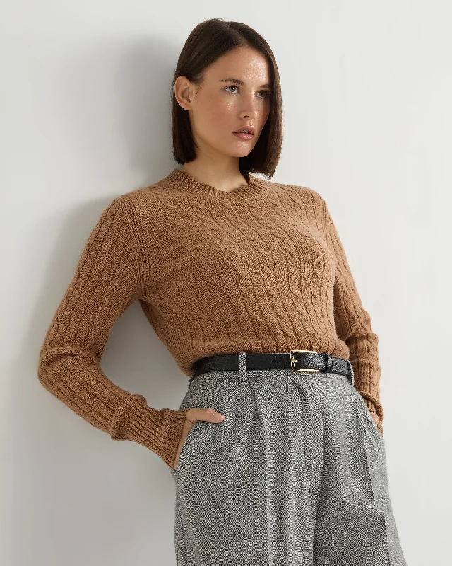 Women's Sweater with Cozy Cuffs-Women's Adelyn Cable Round Neck Cashmere Sweater Dark Camel Brown