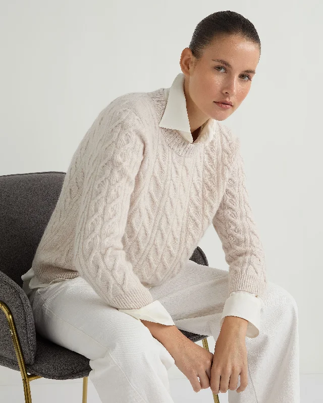 Women's Sweater with Satin Finish-Women's Emilia Cable Round Neck Cashmere Sweater Frost White