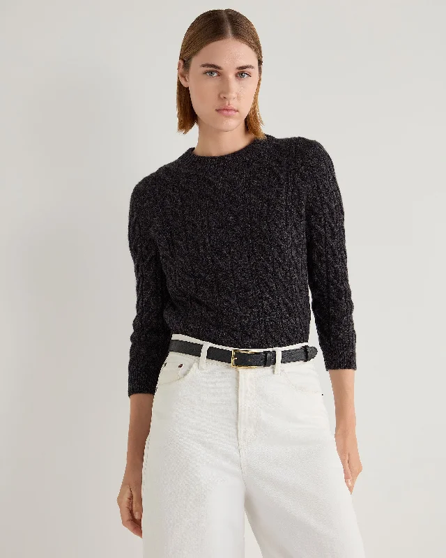 Women's Sweater with Solid Block Color-Women's Emilia Cable Round Neck Cashmere Sweater Granite Grey