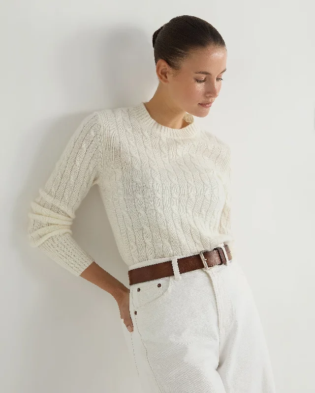 Women's Sweater with Layered Design-Women's Adelyn Cable Round Neck Cashmere Sweater New Ivory White