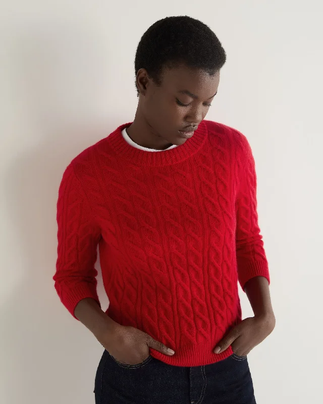 Women's Sweater with Colorful Stitching-Women's Emilia Cable Round Neck Cashmere Sweater Riding Red