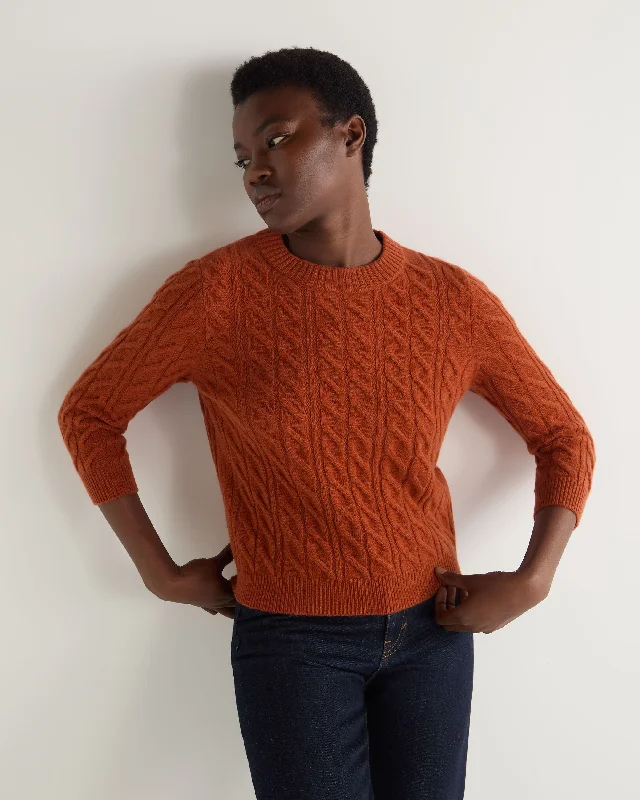 Women's Sweater for Comfortable Days-Women's Emilia Cable Round Neck Cashmere Sweater Rust Orange