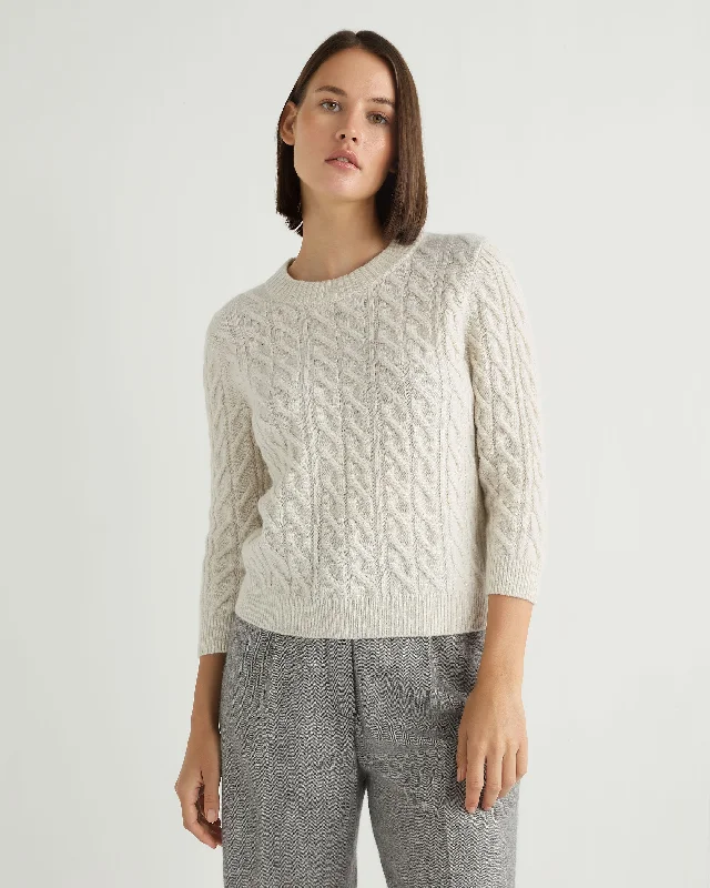 Women's Sweater for Chic Outfit-Women's Emilia Cable Round Neck Cashmere Sweater With Lurex Snow Grey Sparkle