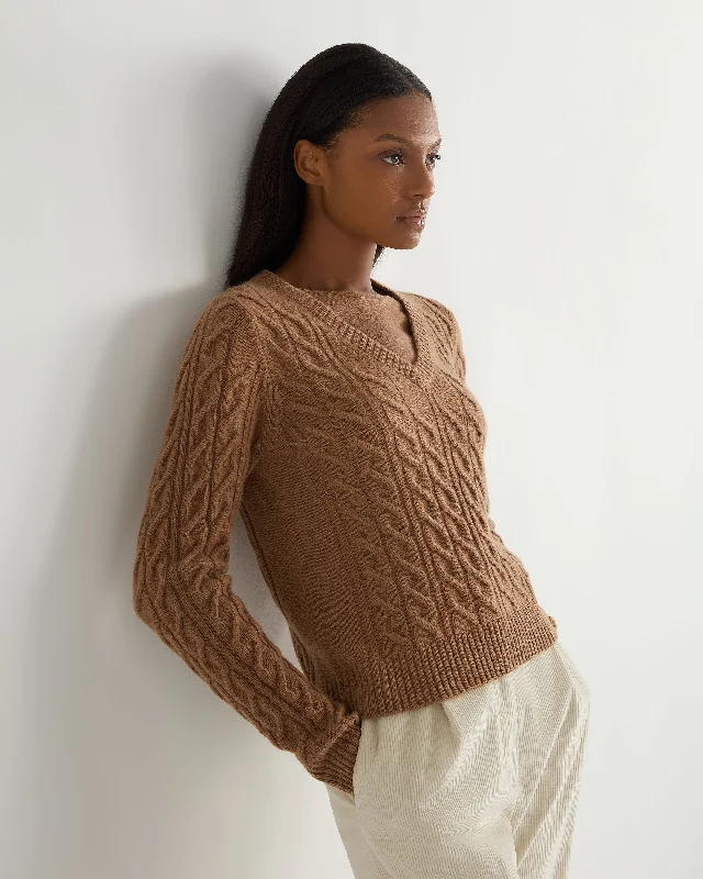 Women's Sweater for Bold Styles-Women's Frankie Cable V Neck Cashmere Sweater Dark Camel Brown
