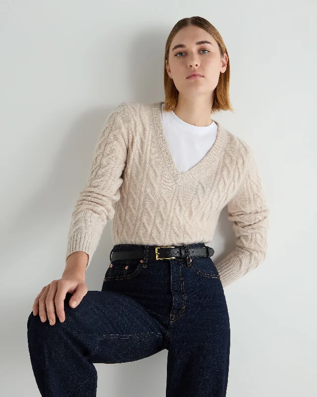 Women's Sweater with Knitted Design-Women's Frankie Cable V Neck Cashmere Sweater Ecru White