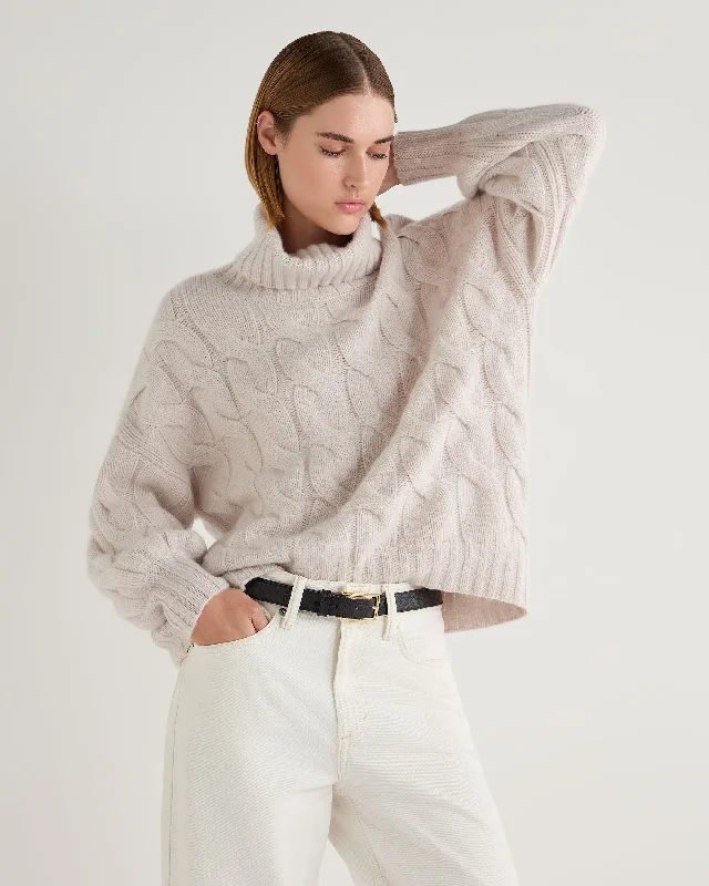 Women's Sweater for Classy Look-Women's Hana Chunky Cable Turtle Neck Cashmere Sweater Frost White