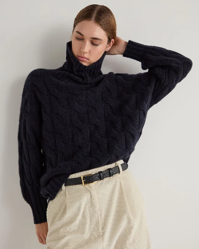 Women's Sweater with Thicker Knit-Women's Hana Chunky Cable Turtle Neck Cashmere Sweater Navy Blue