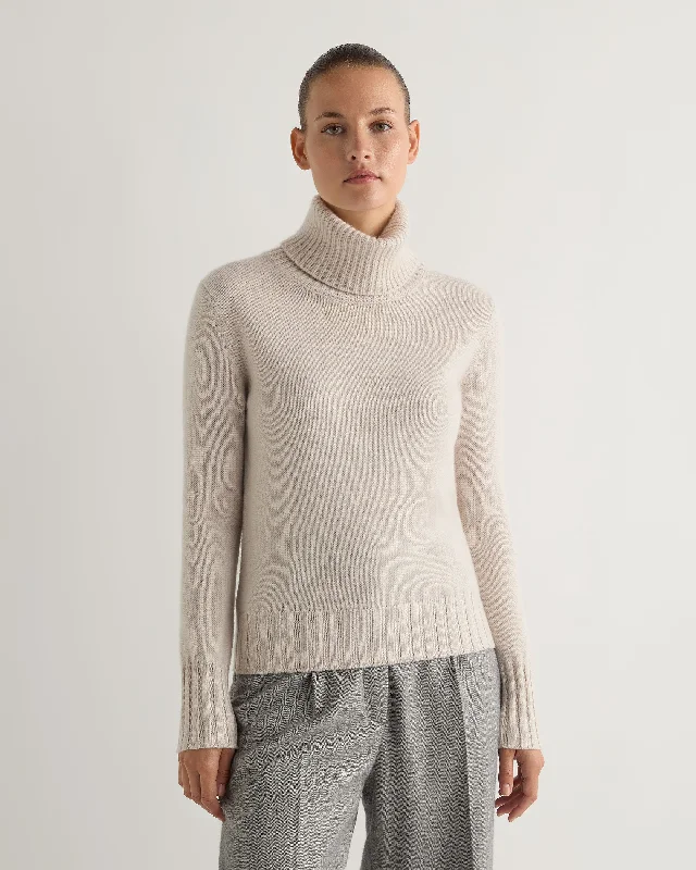 Women's Sweater with Long Knit Collar-Women's Hazel Chunky Turtle Neck Cashmere Sweater Frost White