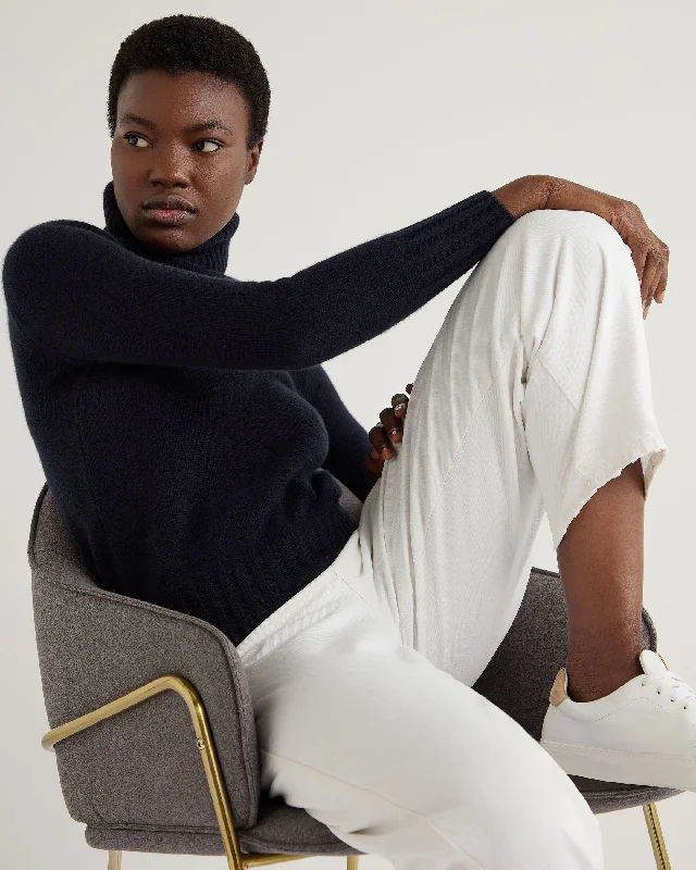 Women's Sweater with Soft Fabric-Women's Hazel Chunky Turtle Neck Cashmere Sweater Navy Blue