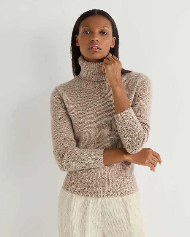 Women's Sweater with Feather Accents-Women's Hazel Chunky Turtle Neck Cashmere Sweater Oatmeal Brown