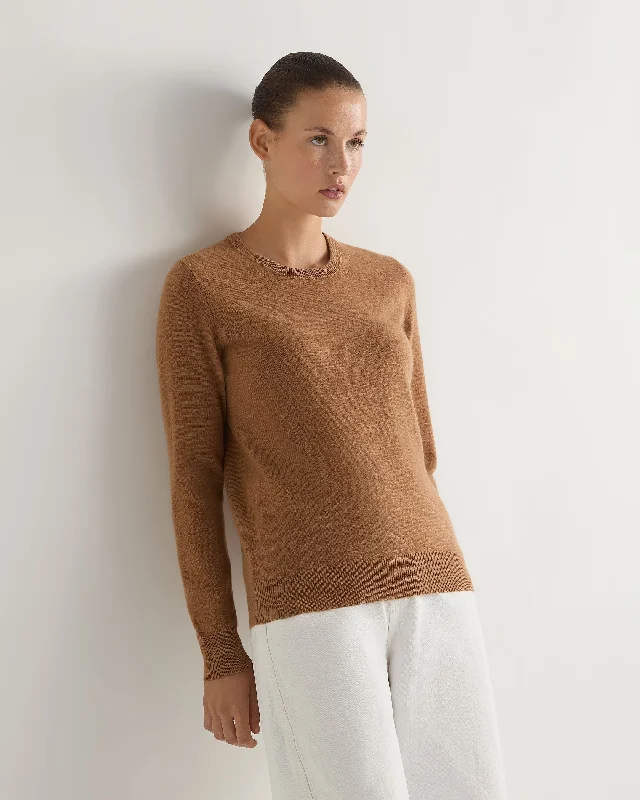 Women's Sweater with Ribbed Cuffs-Women's Evie Classic Round Neck Cashmere Sweater Dark Camel Brown