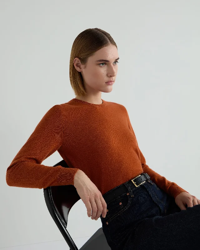 Women's V-neck Sweater-Women's Evie Classic Round Neck Cashmere Sweater Rust Orange